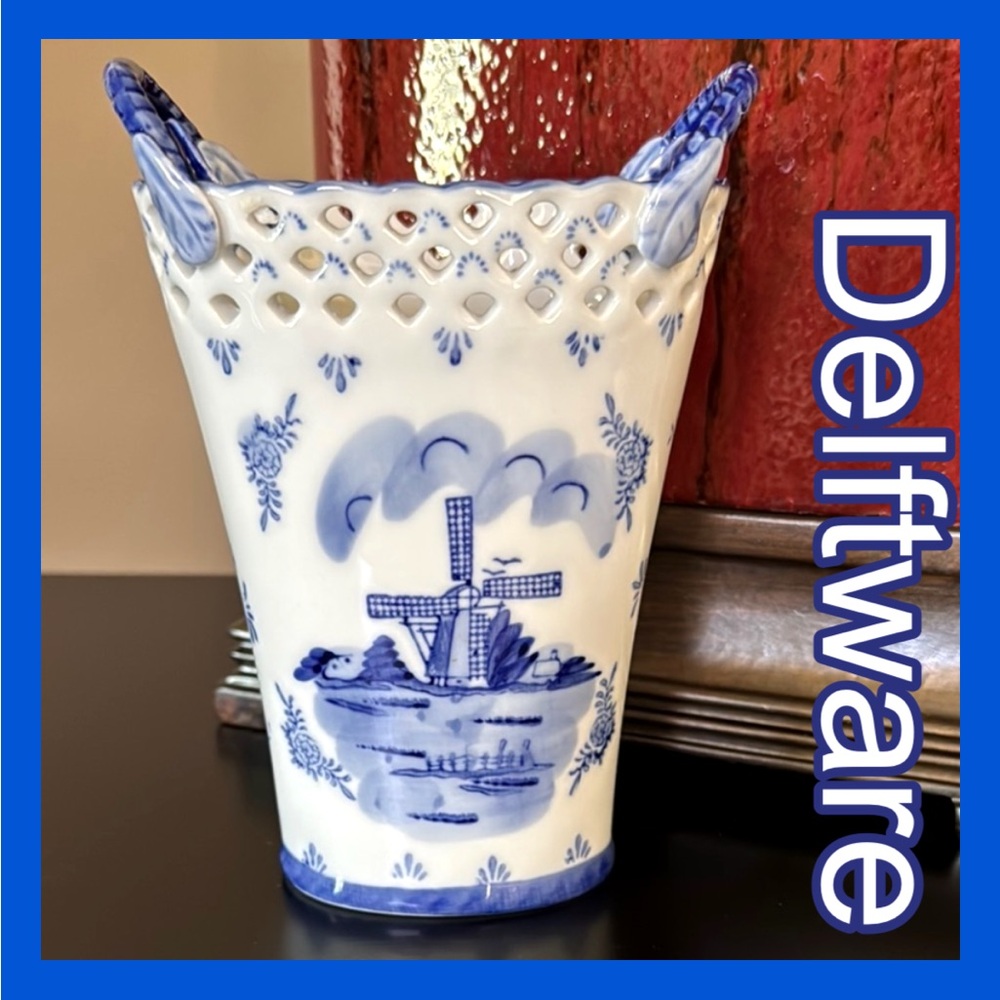 DELFTWARE Blue and White Ceramic Handled Vase W/Windmill Motif